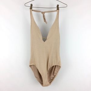 JANTZEN beige gold metallic plunge swimsuit - 12